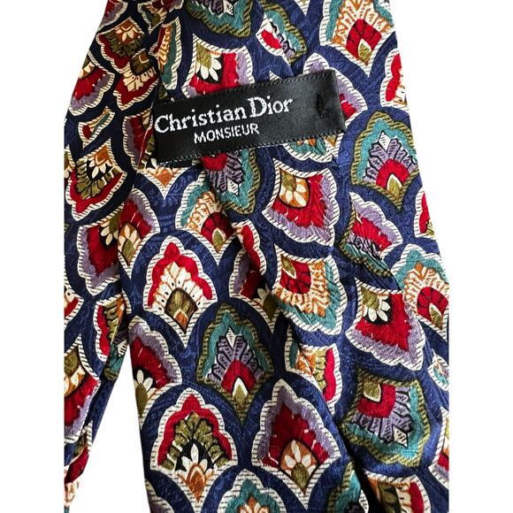 Vintage CHRISTIAN DIOR multi color gold red men’s tie old money 54x4 - Picture 2 of 3
